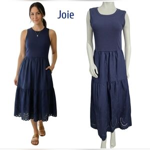 Joie Deep Blue Sleeveless Midi Dress Eyelet Hem Sise M NWT